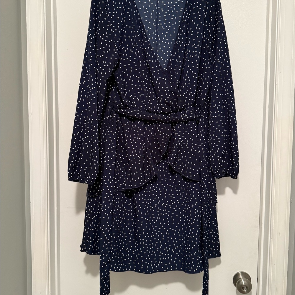 Navy Polka Dot Wrap-style Dress